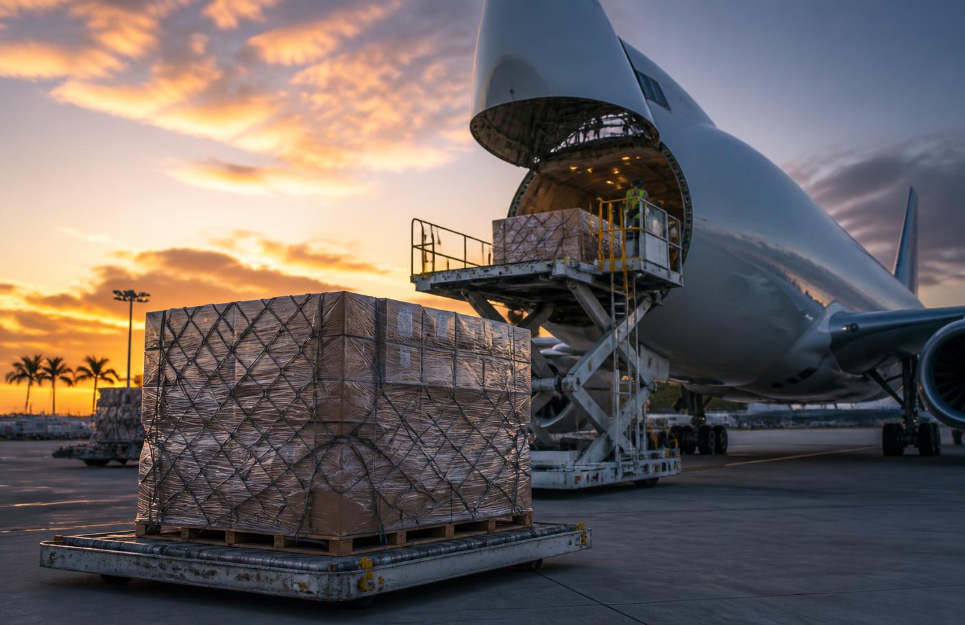 Consolidated cartons on an aviation pallet loading onto a freighter aircraft for the Barbados route